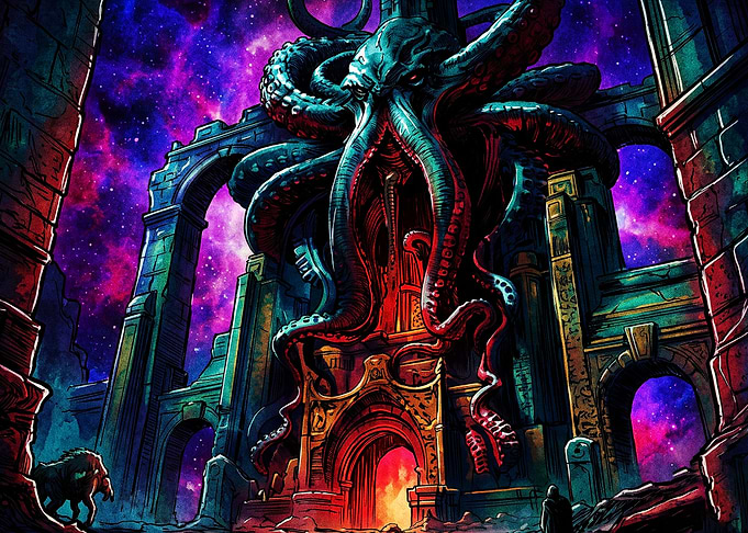 Cosmic Kraken Ruins Neon Art Poster