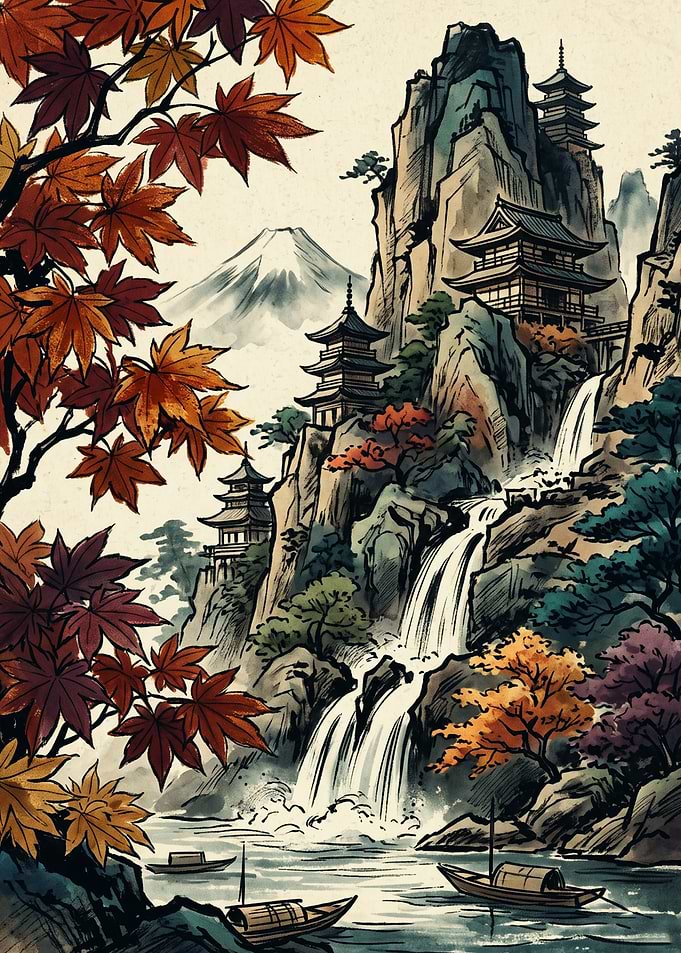 Japanese Temple Landscape Autumn Maple Trees Mount Fuji Ukiyo E Art Print