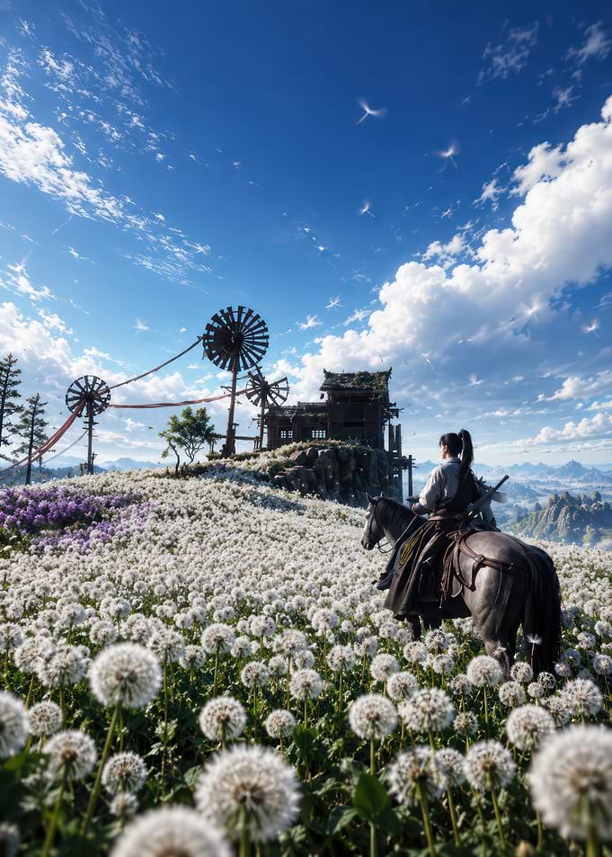 Warrior on Horseback in Dandelion Field