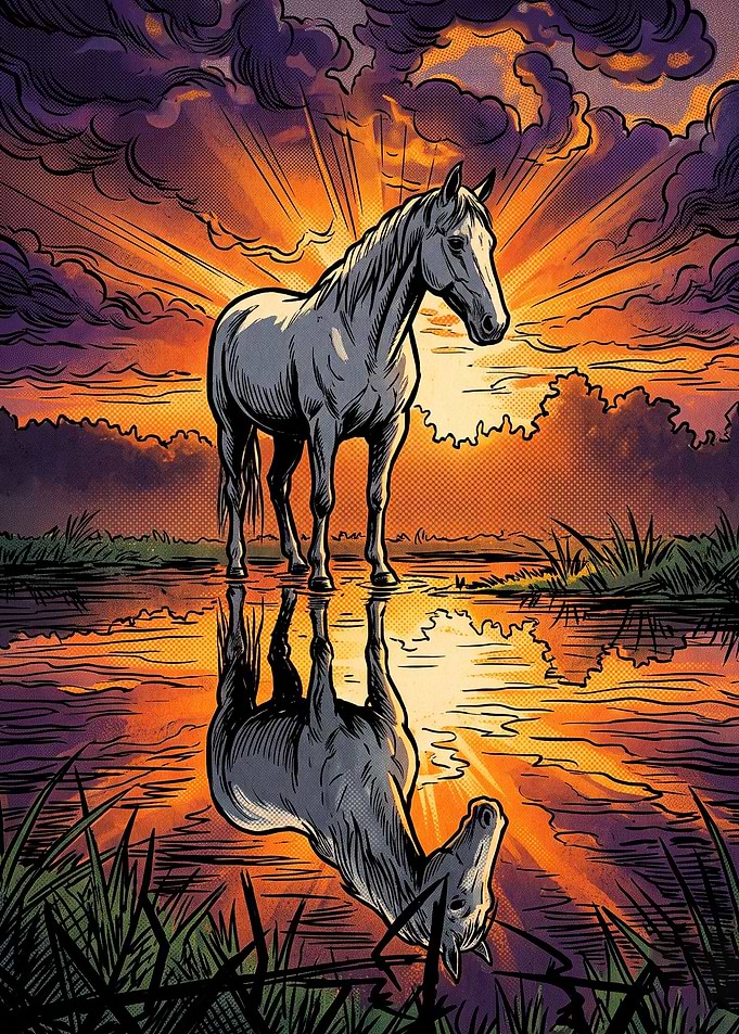 Horse Sunset Water Retro Comic Art