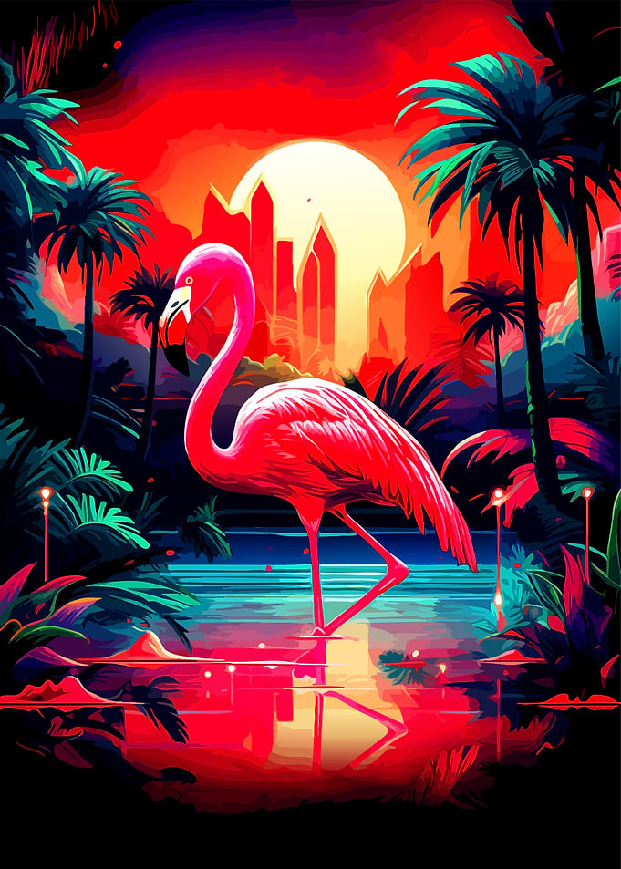 Neon Flamingo in Tropical Sunset