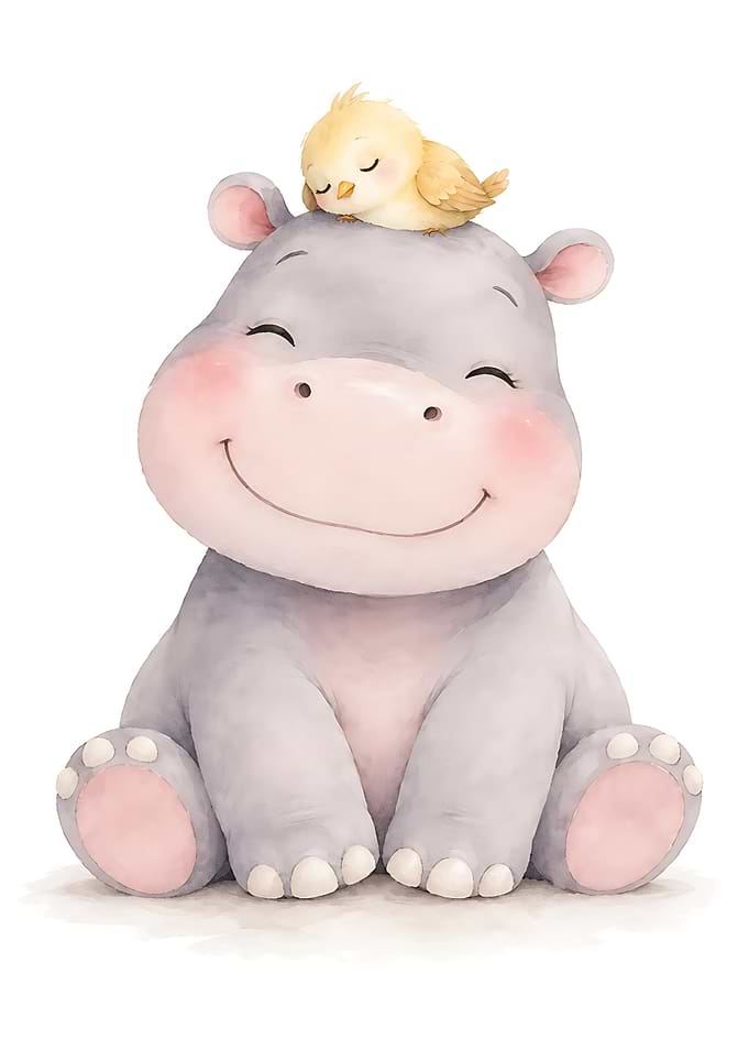Cute Baby Hippo and Chick