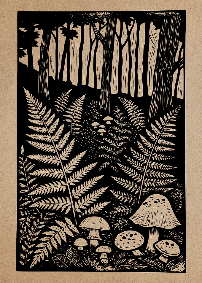 Woodcut Style Forest Ferns and Mushrooms