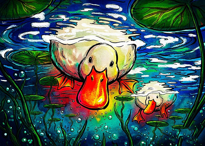 Vibrant Watercolor Ducks in Pond