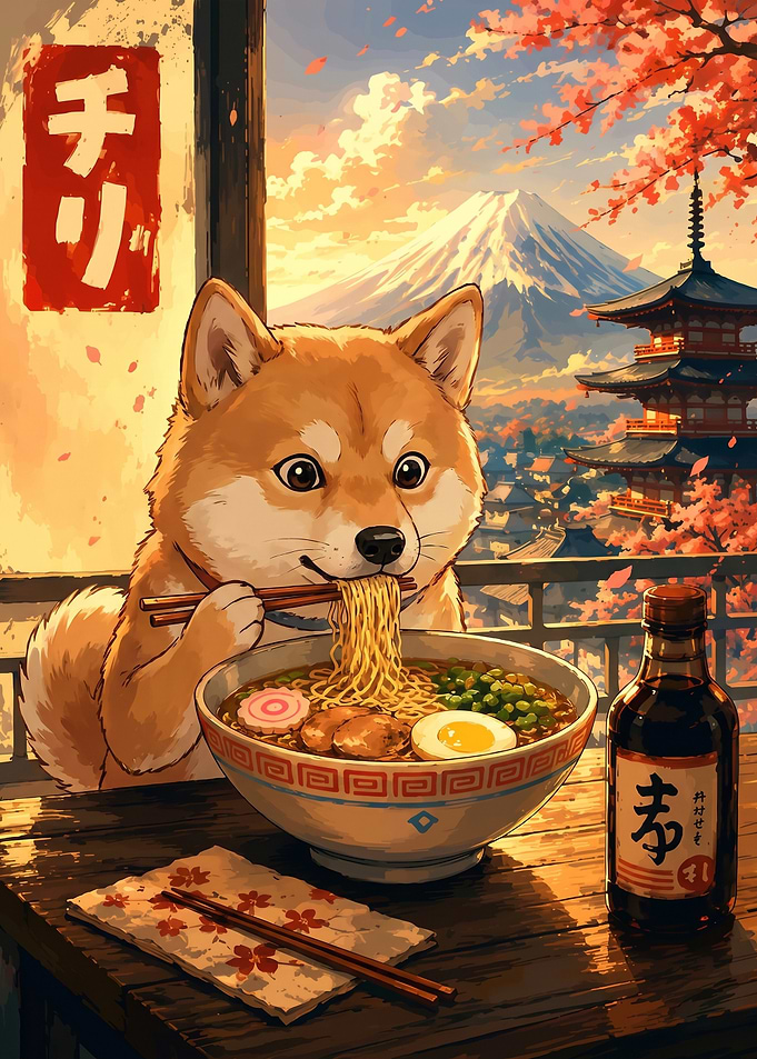 Shiba Inu Eating Ramen in Japan