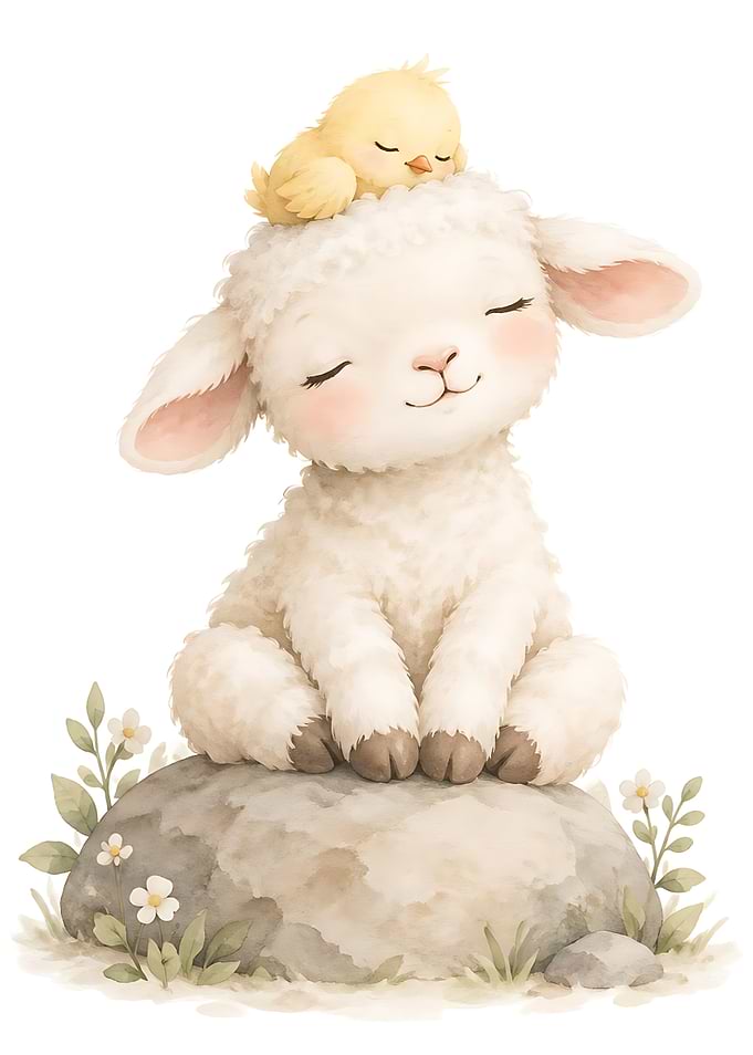 Cute Lamb and Chick Sitting Together