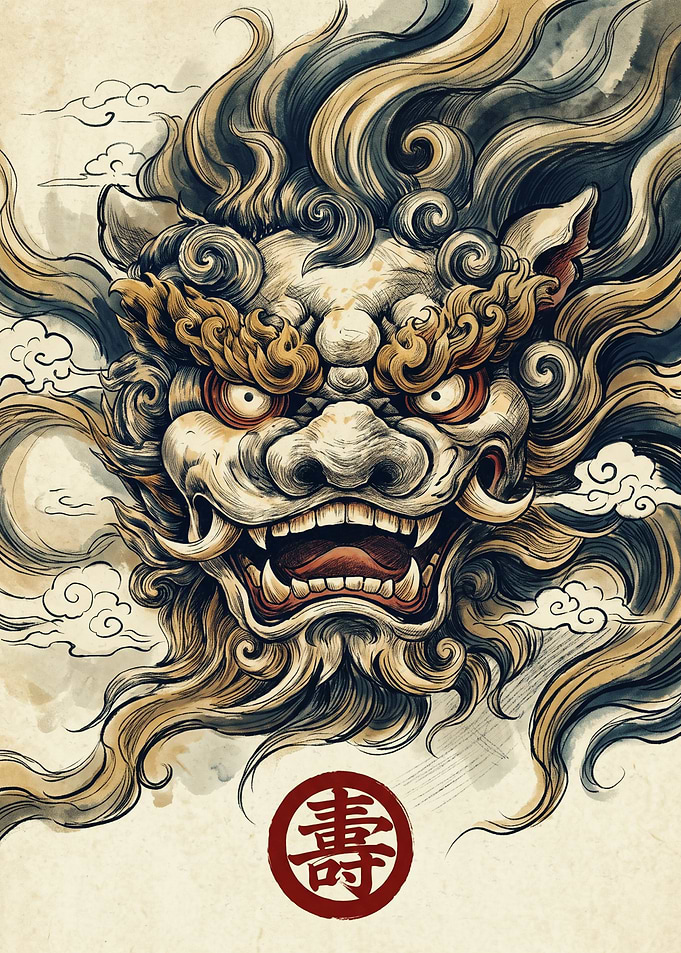Fierce Foo Dog Mythical Beast Asian Culture Traditional Ink Wash Art