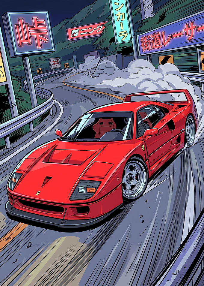 Red Ferrari F40 Drifting Mountain Pass