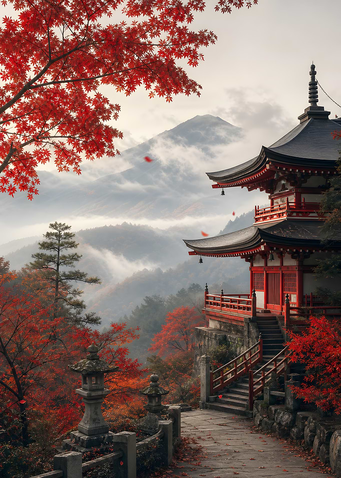 Japanese Pagoda in Autumn Landscape