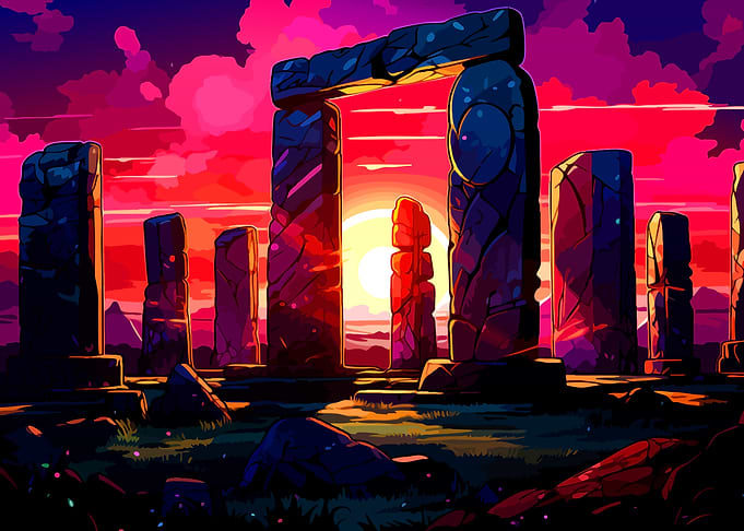 Vibrant Sunset Over Ancient Stone Ruins