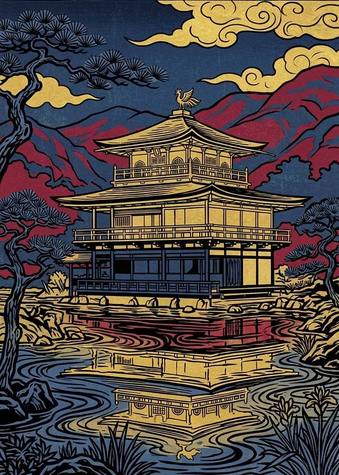 Golden Pavilion Kinkakuji in Ukiyo-e Style