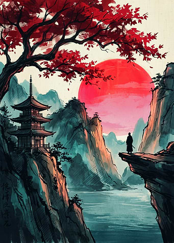 Samurai Temple Red Sun Landscape Japanese Art Print Minimalist Ink Brush Painting