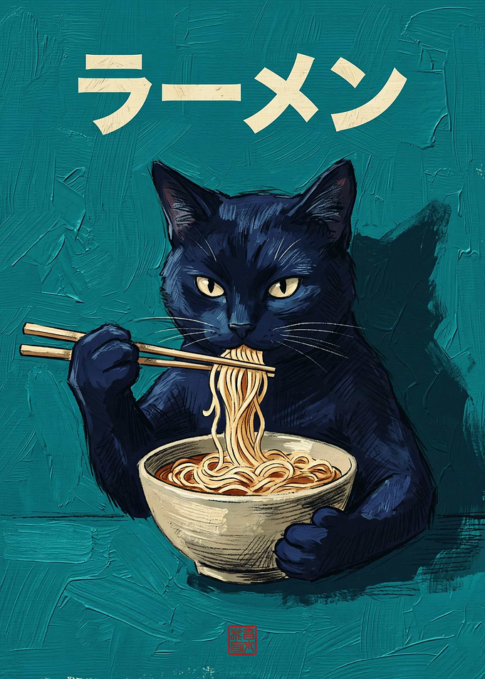 Black Cat Eating Ramen Cats Japanese Art