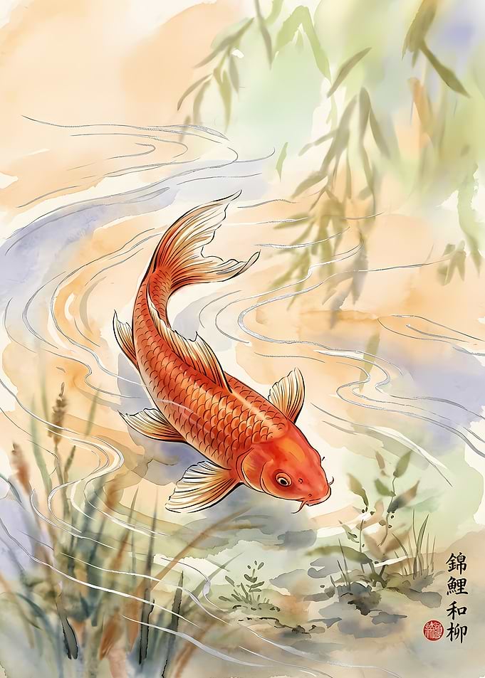 Watercolor Koi Fish in Pond