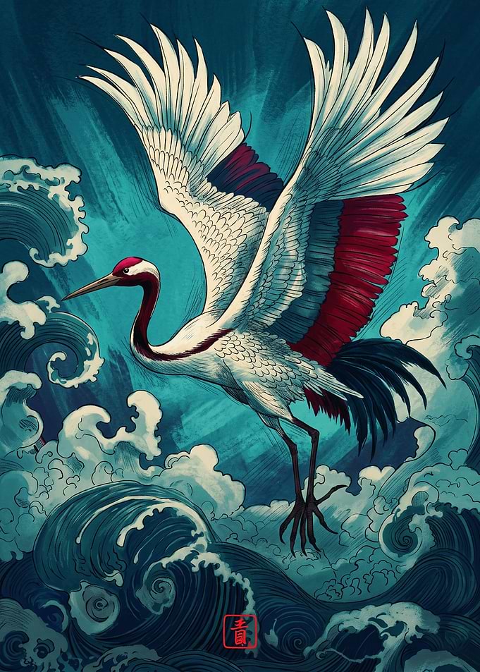 Japanese Crane Flying Over Ocean Waves Traditional Ukiyo E Art Print