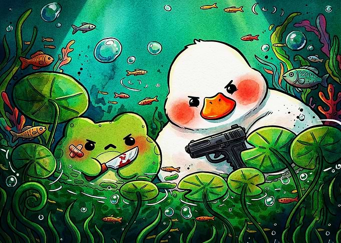 Armed Frog and Duck Underwater