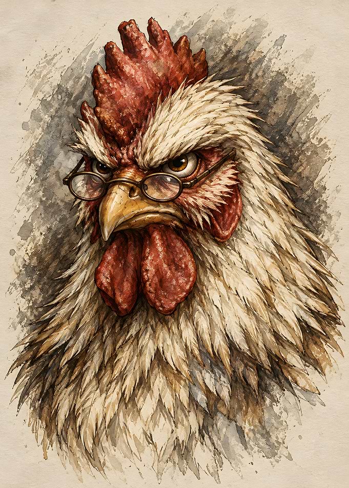 Stern Rooster Wearing Vintage Glasses