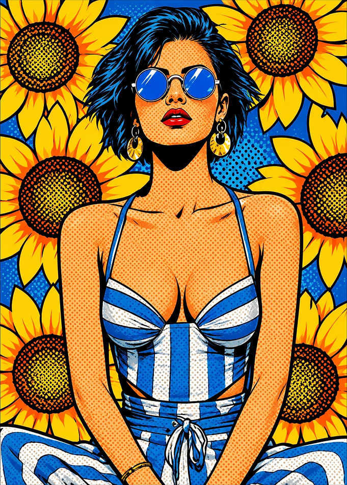Pop Art Woman with Sunflowers