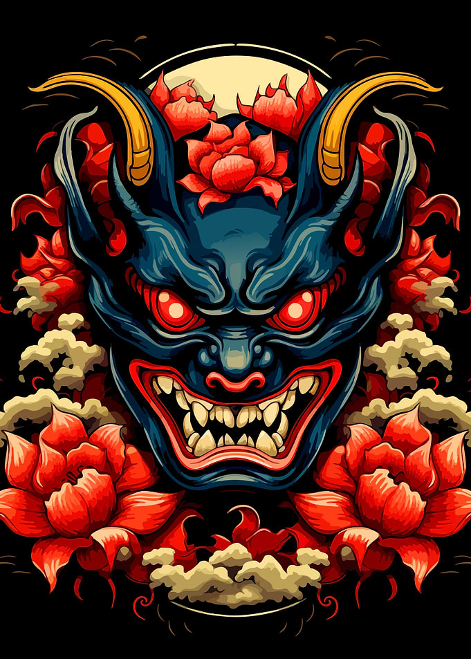 Japanese Oni Mask with Red Flowers