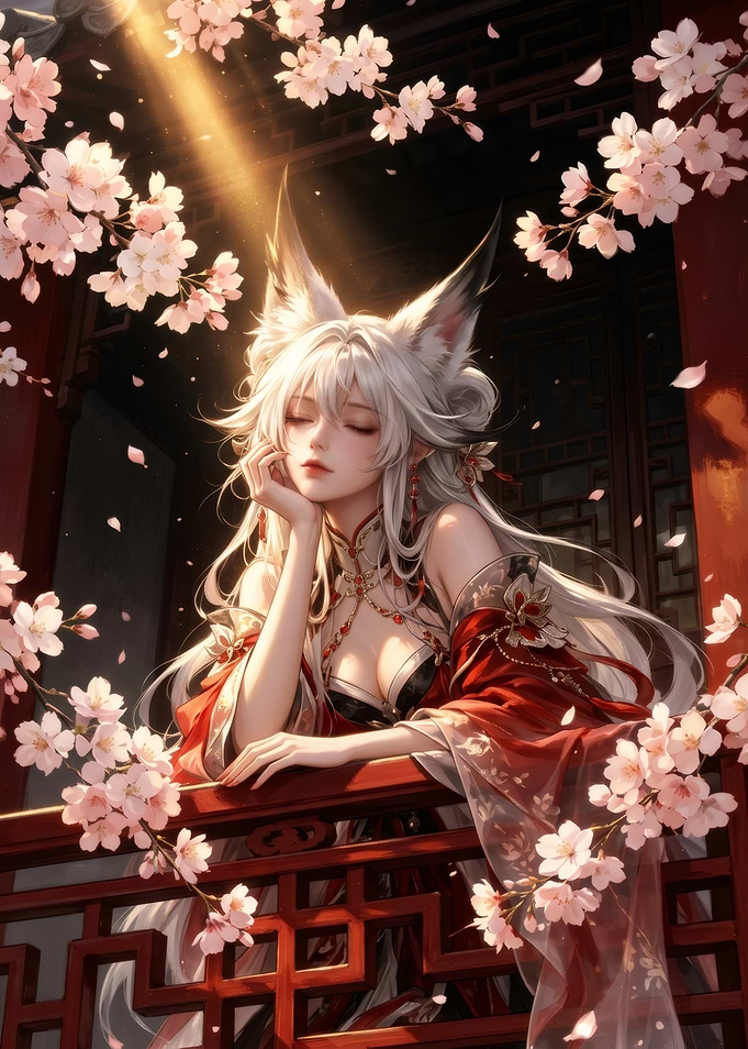 Fox Spirit in Cherry Blossom Garden