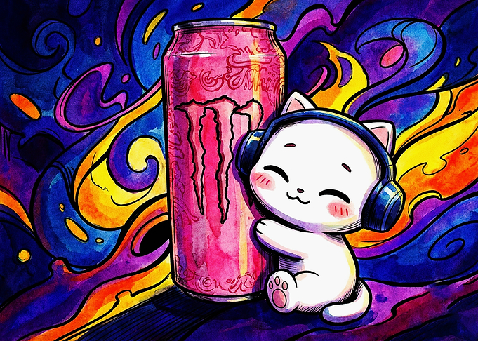 Cute Cat Hugging Monster Energy Can