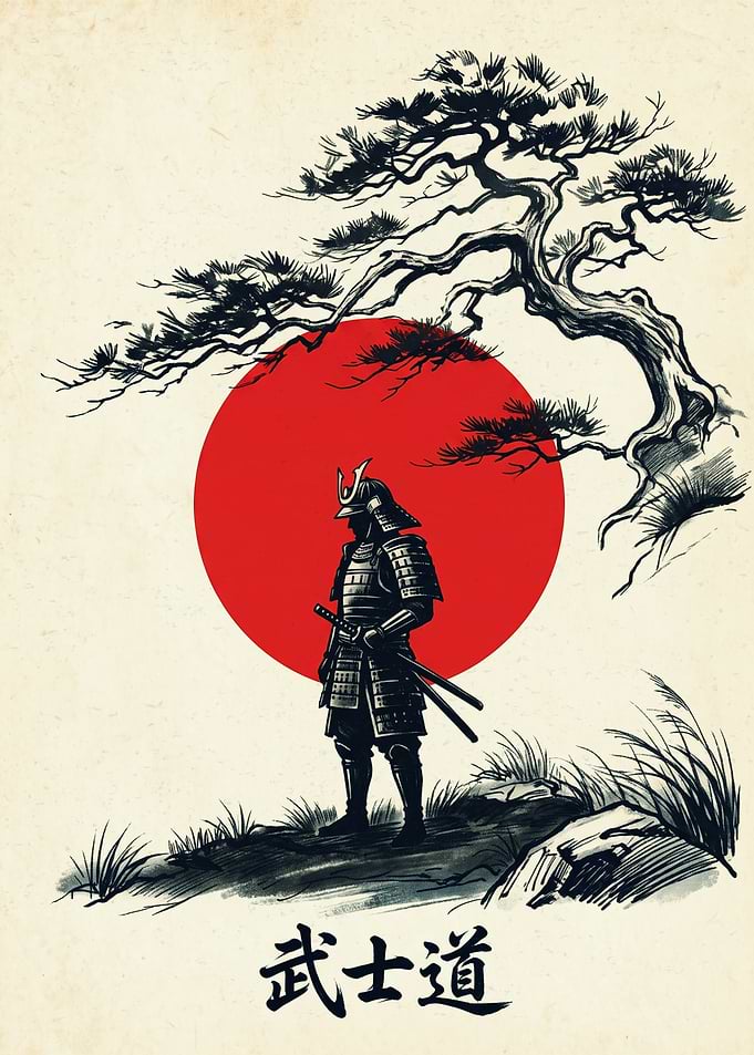 Samurai Japanese Art Bonsai Tree Red Sun Japan Poster