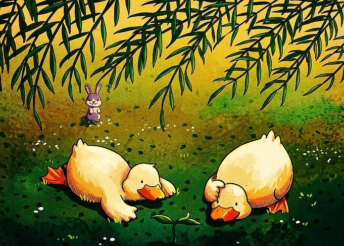 Two Ducks and a Curious Rabbit
