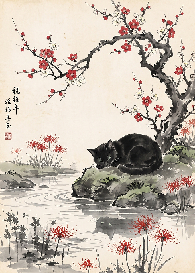 Black Cat Sleeping by Stream