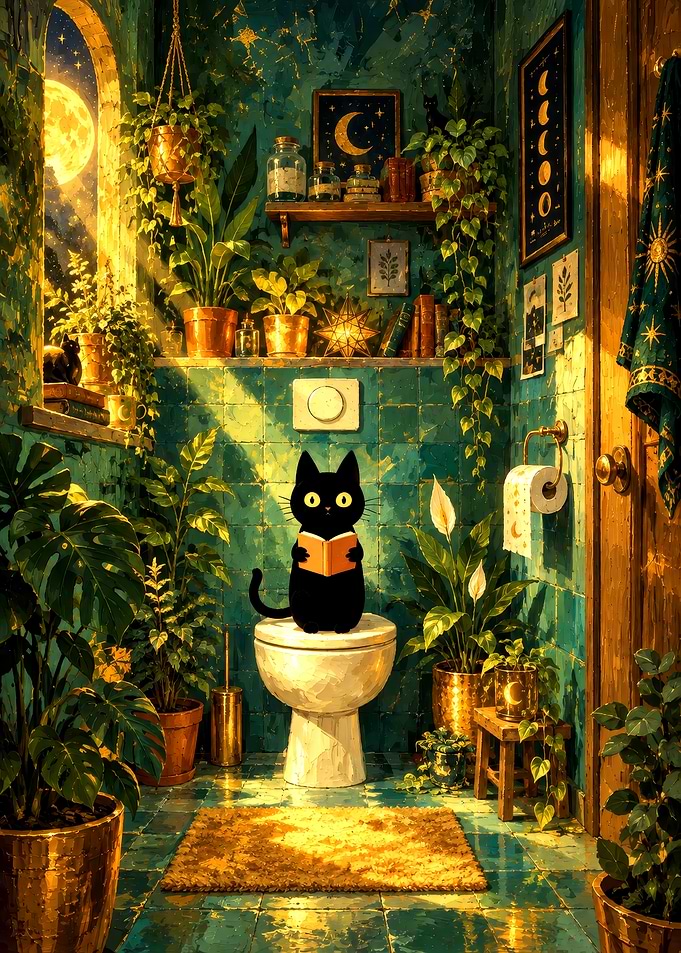 Cute Black Cat Reading on Toilet
