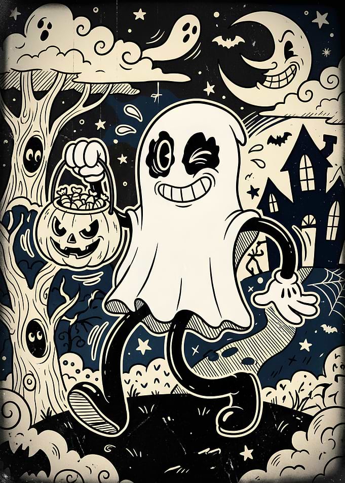 Vintage Cartoon Ghost Trick-or-Treating