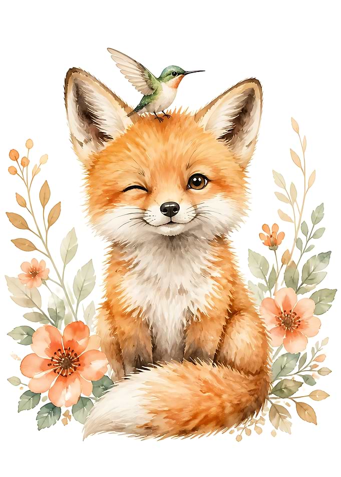 Cute Fox with Hummingbird Watercolor Illustration