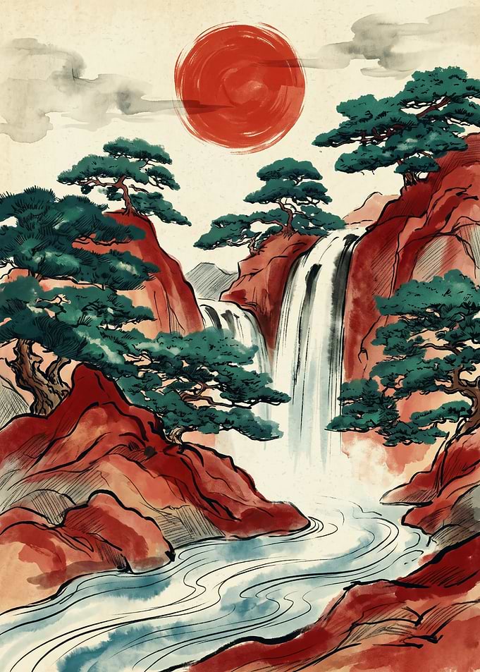 Japanese Waterfall Red Sun Landscape Painting Traditional Ukiyo E Art Style