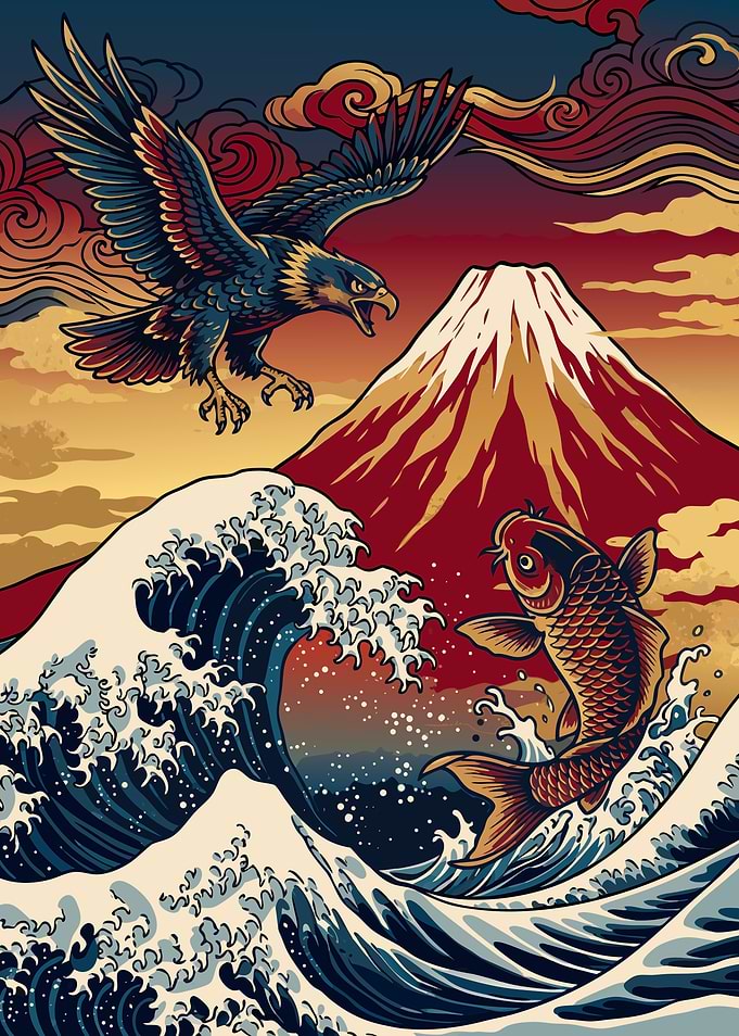 Eagle and Koi at Mount Fuji
