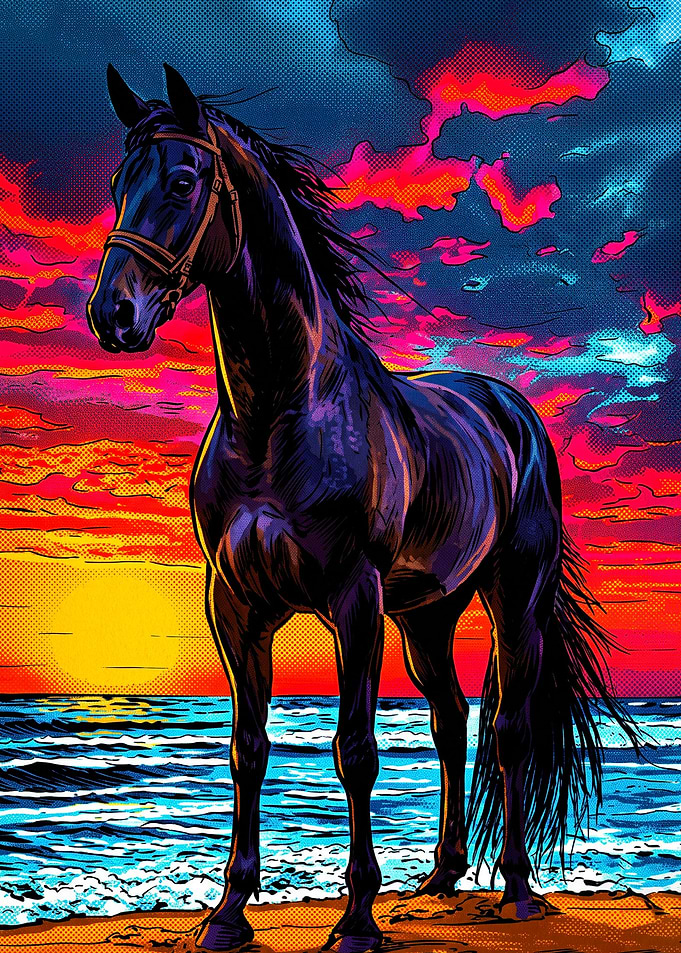 Horse Sunset Beach Retro Pop Art