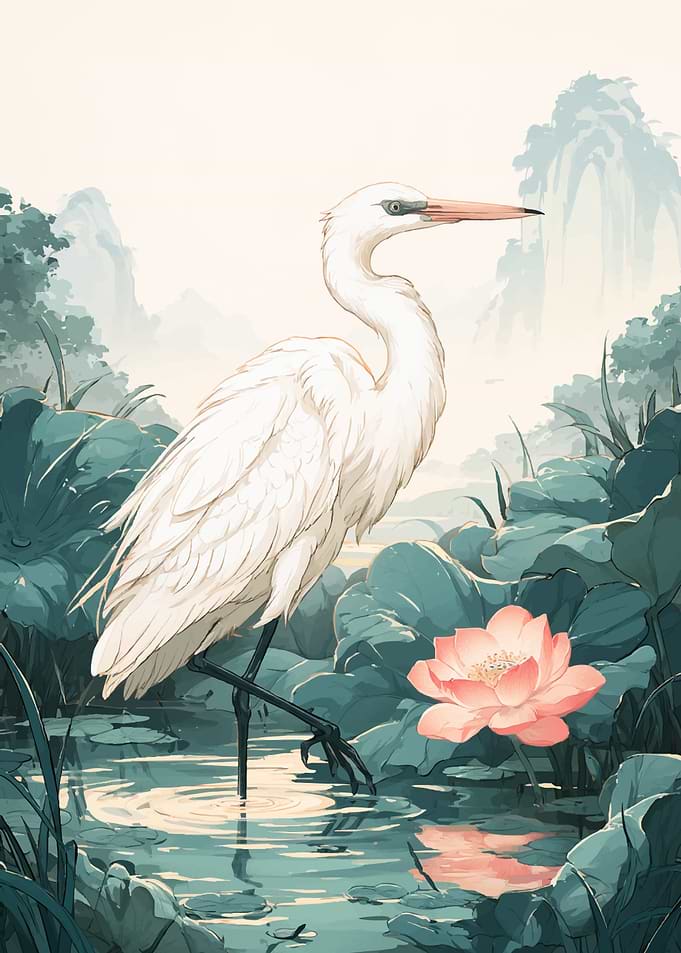 White Egret in Lotus Pond