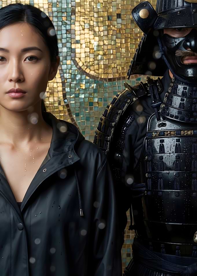Rain-Soaked Samurai and Modern Japanese Woman