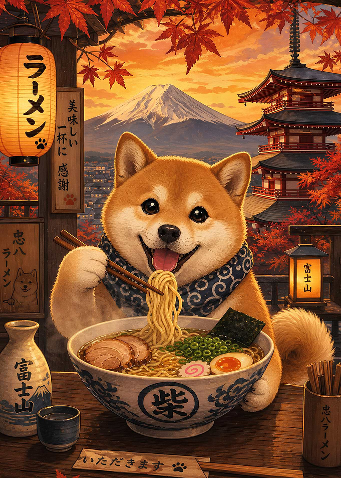 Shiba Inu Eating Ramen in Japan