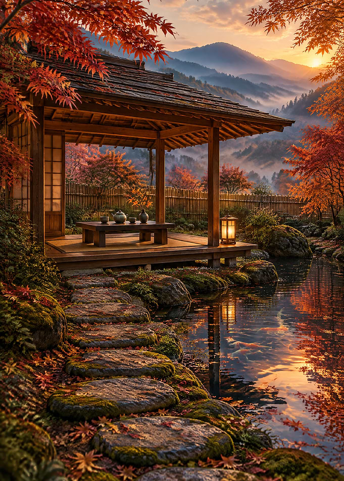 Serene Japanese Garden at Sunset