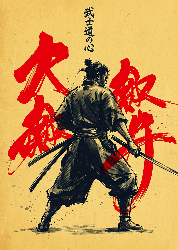 Japanese Samurai Warrior With Katana And Red Kanji Ink Brush Strokes Art Poster