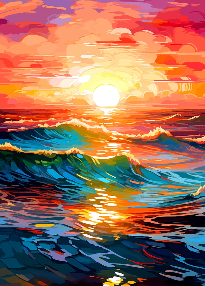Vibrant Sunset Over Ocean Waves