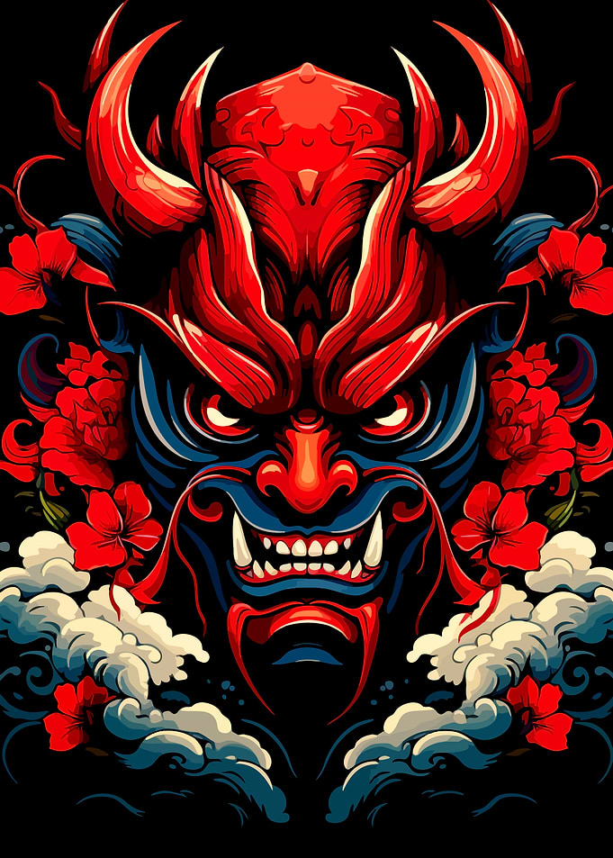 Red Oni Samurai Mask Illustration