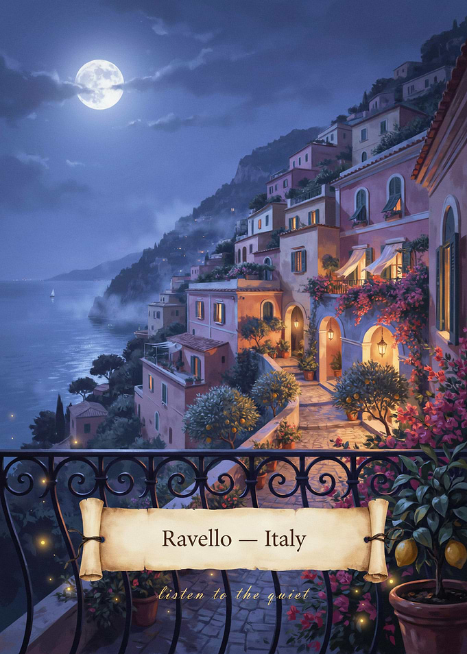 Ravello Moonlit Balcony Streetscape — Romantic Mystical Mediterranean Night Art