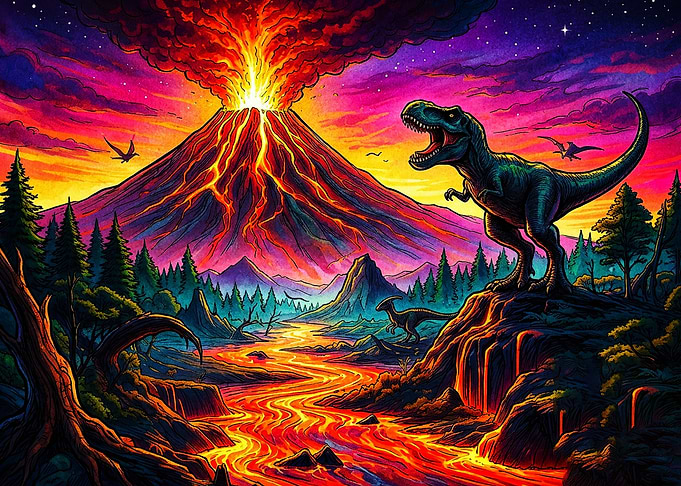 T-Rex and Volcanic Eruption Landscape