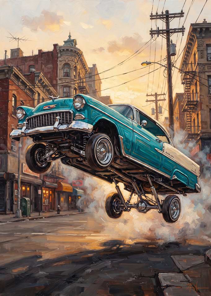 Teal Lowrider Jumping in City Street