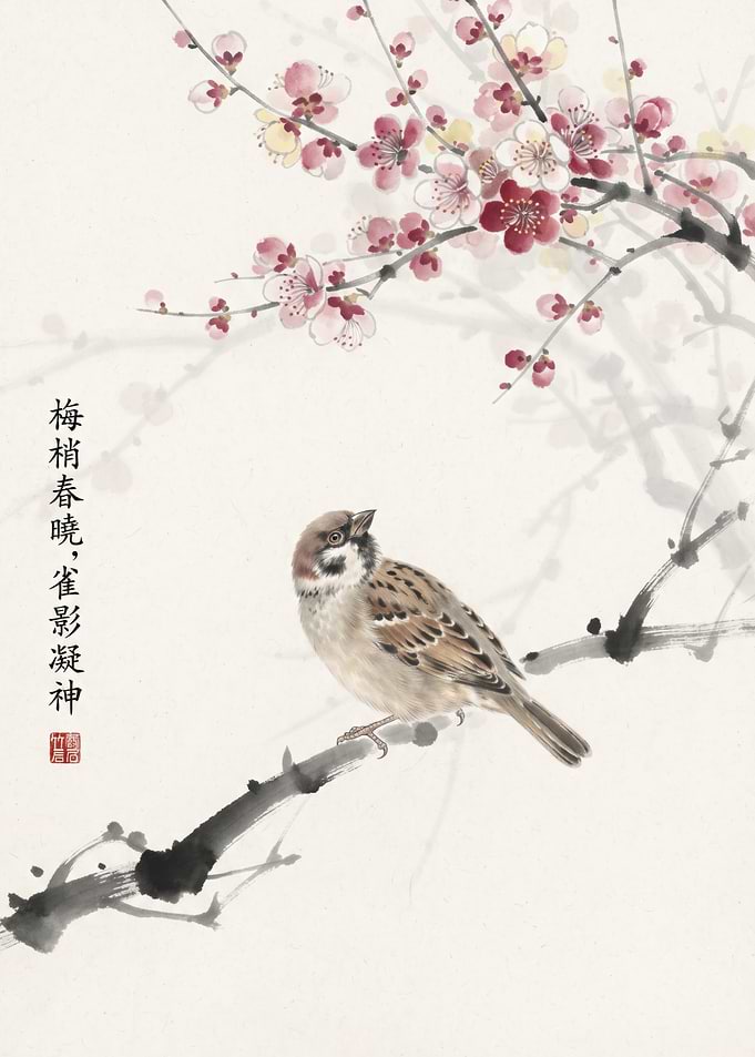 Sparrow on Plum Blossom Branch