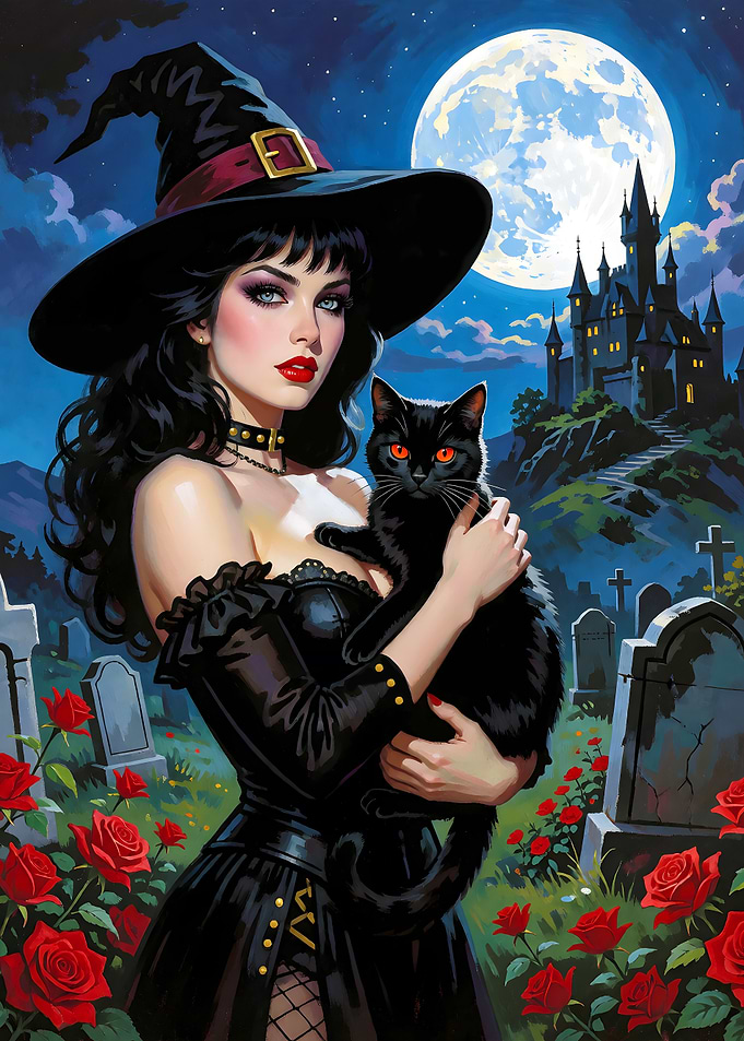 Beautiful Witch with Black Cat in Graveyard