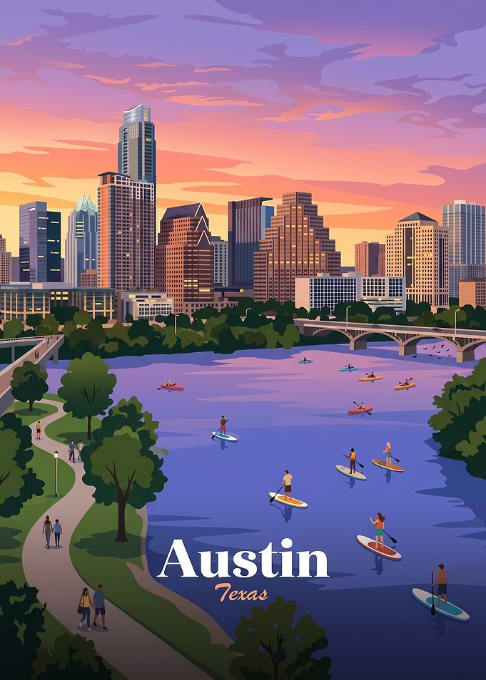 Austin Texas Skyline Sunset Travel Poster