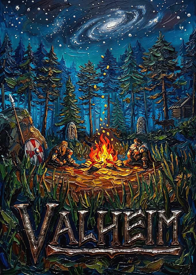 Valheim Viking Campfire Oil Painting