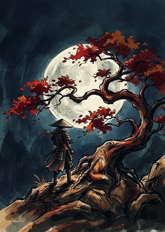 Samurai And Fox Under Moon Japanese Tree Watercolor Art