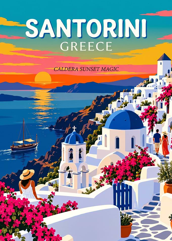 Santorini Greece Caldera Sunset Travel Poster